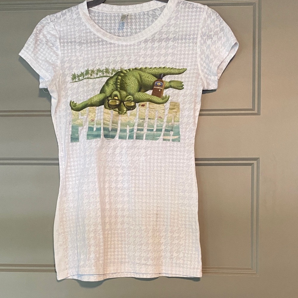 Funny White Florida Tee with Alligator and Sun Block Design
